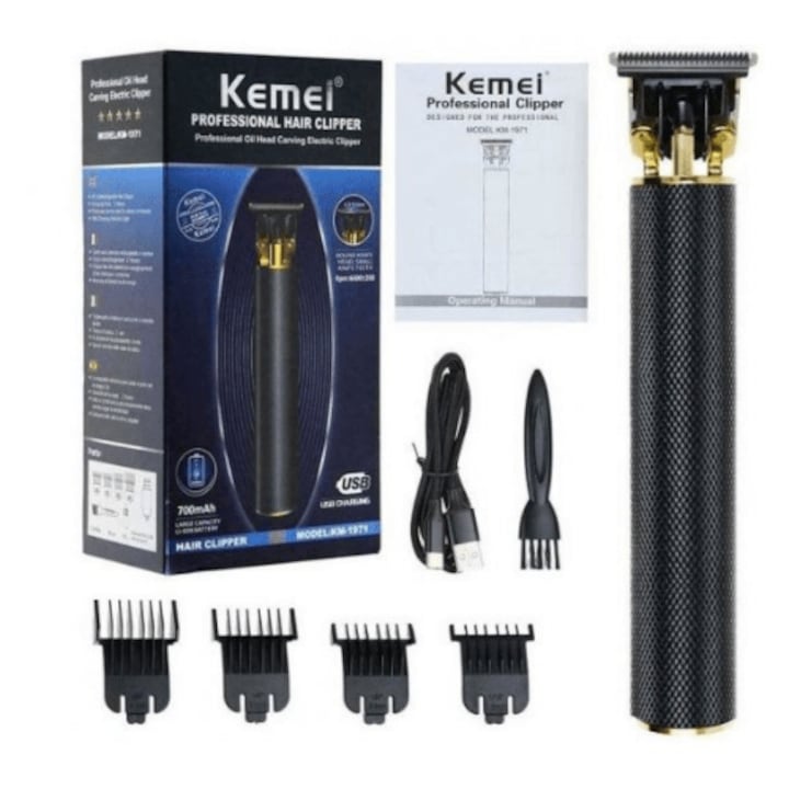 Trimmer KM-1971 cu accesorii, Kemei, 3 W, LED, Negru/Auriu