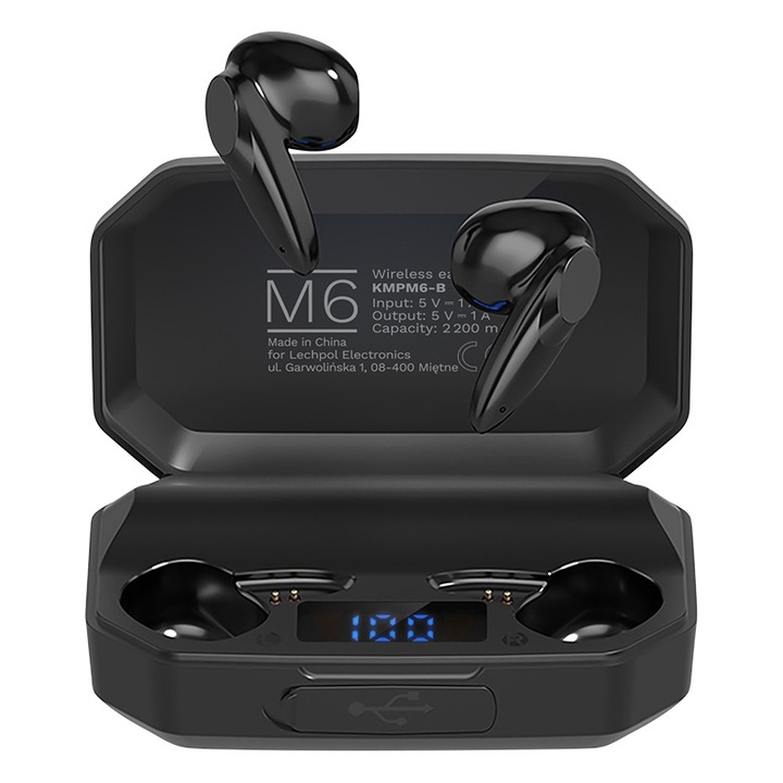 Безжични слушалки Kruger&Matz M6, In ear, Kалъф power bank, Черен