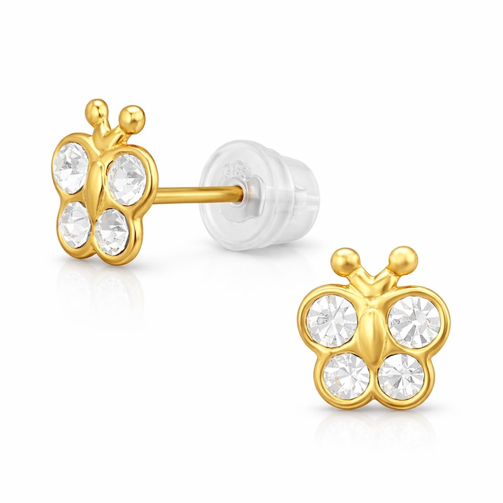 Cercei Bebe Boutique 23® Butterfly din Argint 925 placati cu Aur 14K, Cercei Argint 925 model fluture, Cercei Cu Surub cu protectie silicon, Certificat Garantie, Cutie bijuterii inclusa, Cercei Cu Surub, Aurii