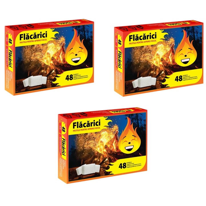 Set 3 cutii pastile pentru aprins focul, 48 buc/cutie, Flacaricix3