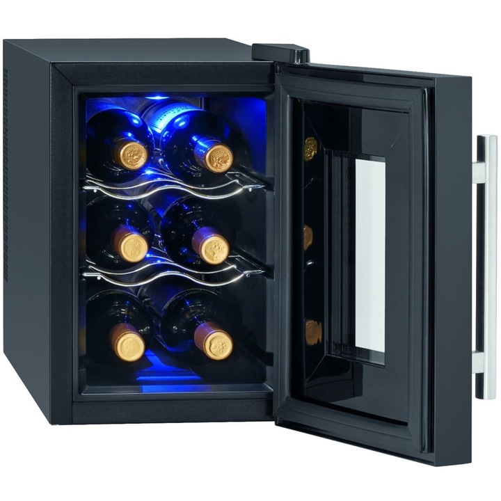 Proficook borhűtő, PC-WK 1230, 6 palack, H 39,5 cm, állítható hőmérséklet 11-18C, 2 króm polc, ajtó anti-UV bevonattal, érintőképernyő, rezgéscsillapító rendszer, LED belső világítás, digitális kijelző, csendes , fekete