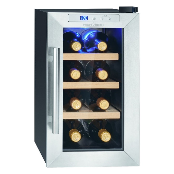 Racitor de vin Proficook, PC-WK 1233, 8 sticle, H 48 cm, temperatura ajustabila 11-18C, sistem de racire termoelectric, 3 rafturi lemn, usa cu strat anti-UV, sistem anti-vibratii, iluminare interioara LED, display digital, silentios, inox