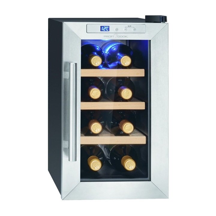 Proficook borhűtő, PC-WK 1233, 8 palack, H 48 cm, állítható hőmérséklet 11-18C, termoelektromos hűtőrendszer, 3 fa polc, ajtó anti-UV bevonattal, rezgéscsillapító rendszer, LED belső világítás, digitális kijelző , néma , rozsdamentes acél