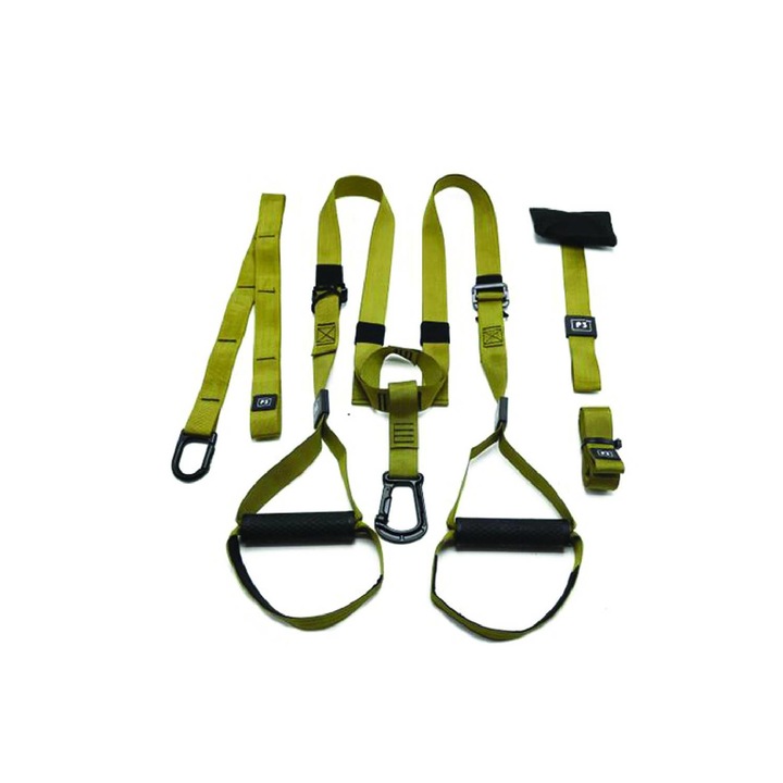 Sistem tip suspensie TRX P3 Army, Sigloo, Versiunea P3, Total Resistance exercise, ideal pentru Fitness, Yoga, Performanta, Recuperare, Exercitii fizice, Antrenament acasa, Outdoor, Pilates, Aerobic