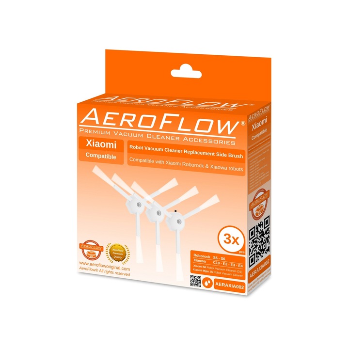 Комплект от 3 странични четки, AeroFlow, за прахосмукачки роботи Xiaomi Roborock S5 MAX, S6 MAX, S6 Pure S50, S51, S55, E2, E3, C10