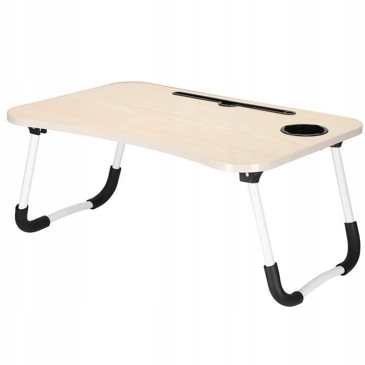 Springos laptop asztal, összecsukható, üvegtartó, MDF, fém, PE, 60x40x27 cm, krémszín
