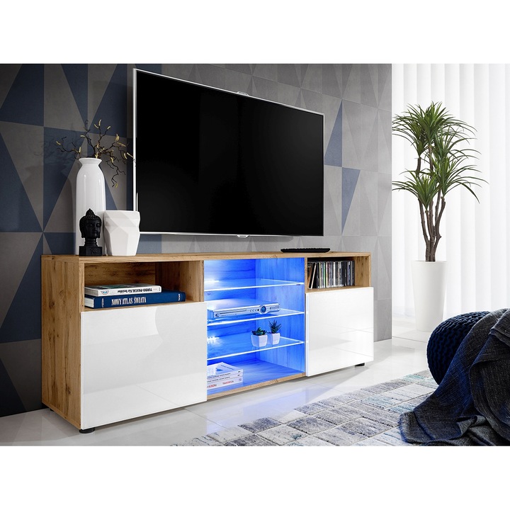 Comoda TV Urbino, Komodee, 140 x 53 x 35 cm, PAL, LED albastru, Wotan/Alb