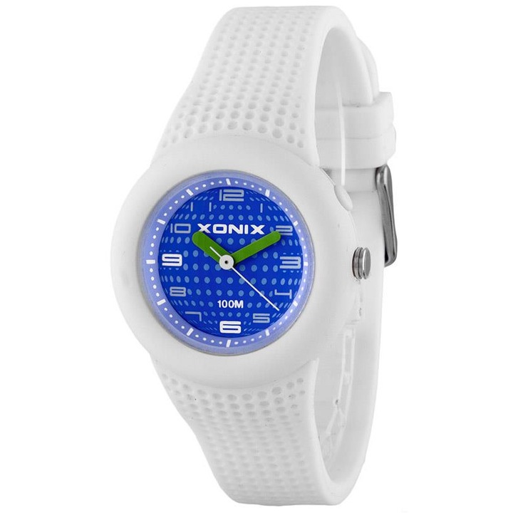 Ceas analog Xonix, pentru fete, iluminare cadran, rezistenta la apa 100m, Alb/Albastru