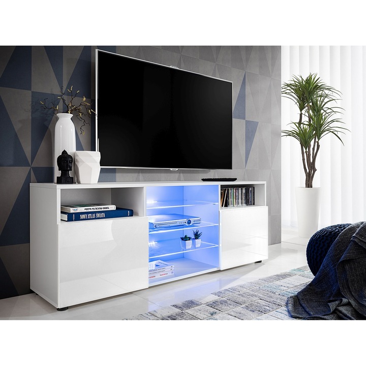 Comoda TV Urbino, Komodee, 140 x 53 x 35 cm, PAL, LED albastru, Alb