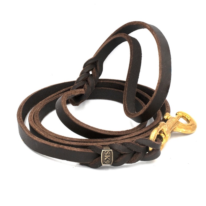 Lesa caine mare, SK9 Premium Gold, 15mm latime, 150cm lungime, Maro, piele naturala cu maner