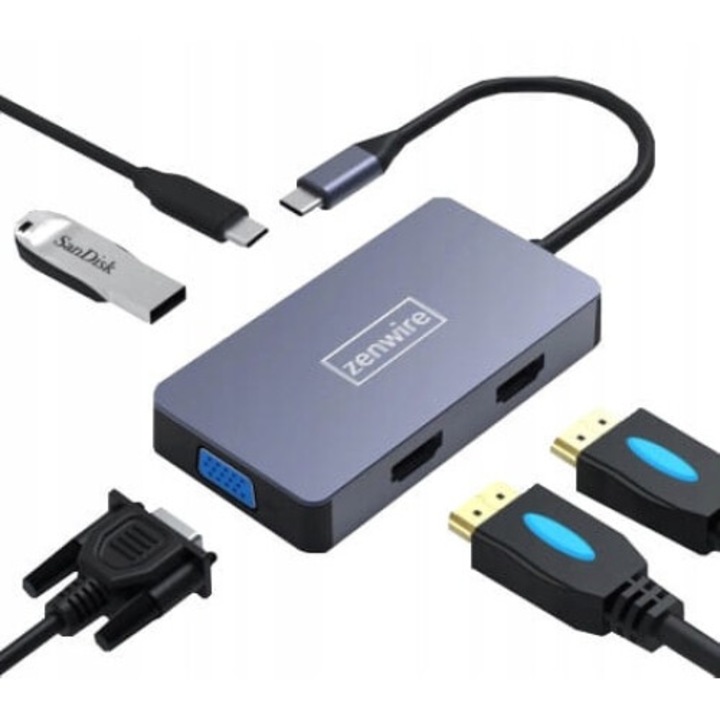 Adaptor Hub 5-in-1 Zenwire®, USB-C, 2× HDMI 4K 30Hz, VGA, USB 3.0 5Gb/s, PD 100W, Aluminiu, Compatibil Windows/Mac/Android, Argintiu