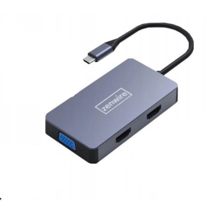 Адаптер Хъб 5в1, Zenwire, USB-C 2x HDMI 4K VGA USB 3.0 PD ZW Macbook Pro M1