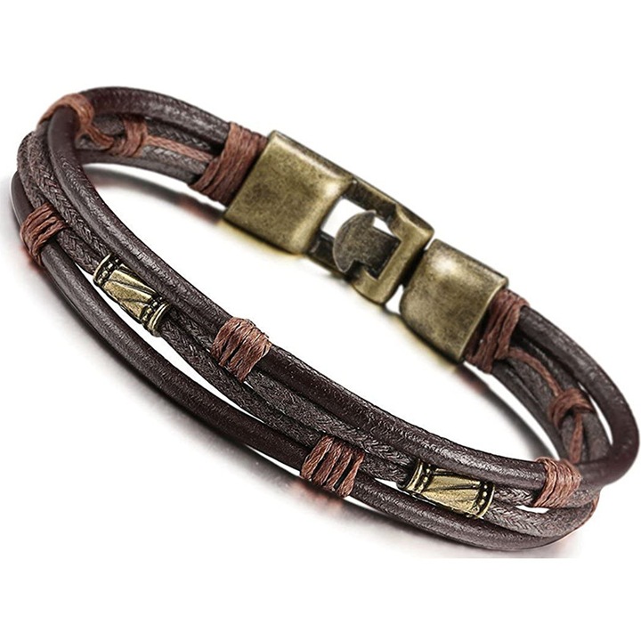 Bratara barbati, Piele naturala/Aliaj, Model vintage, 210x10mm, Maro