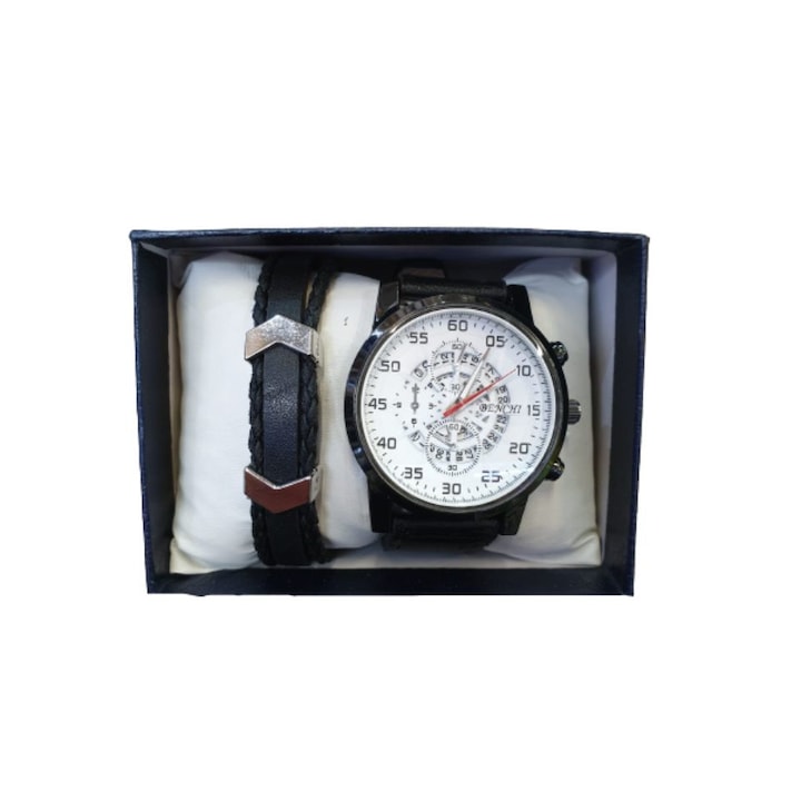 Подаръчен мъжки комплект 2 части, часовник с кожена каишка и кожена гривна, в кутия