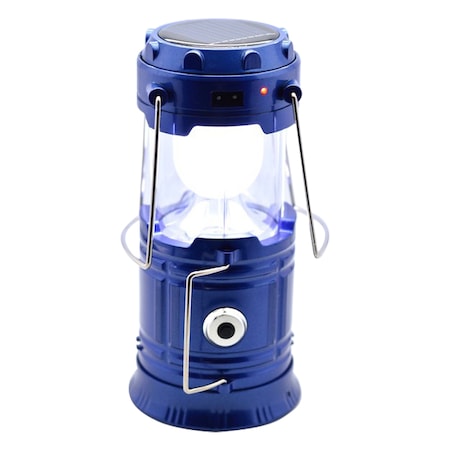 Lanterna de mana retractabila LED Dalbi tip Felinar 2 in 1, sursa SMD Ultra-Bright, Incarcare Solara sau retea, Acumulator, Functie PowerBank, pentru camping, vanatoare, pescuit, Albastru