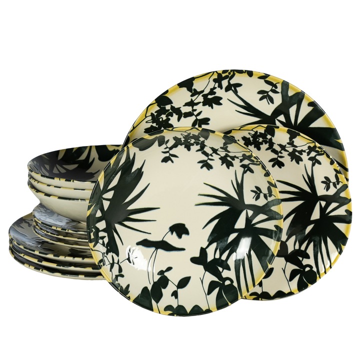 Пълен сервиз за маса, Hawaii, 12 части, Cesiro, слонова кост с черни листа
