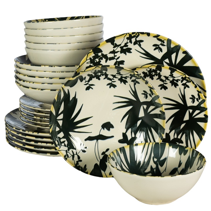 Пълен сервиз за маса, Hawaii, 24 части, Cesiro, слонова кост с черни листа