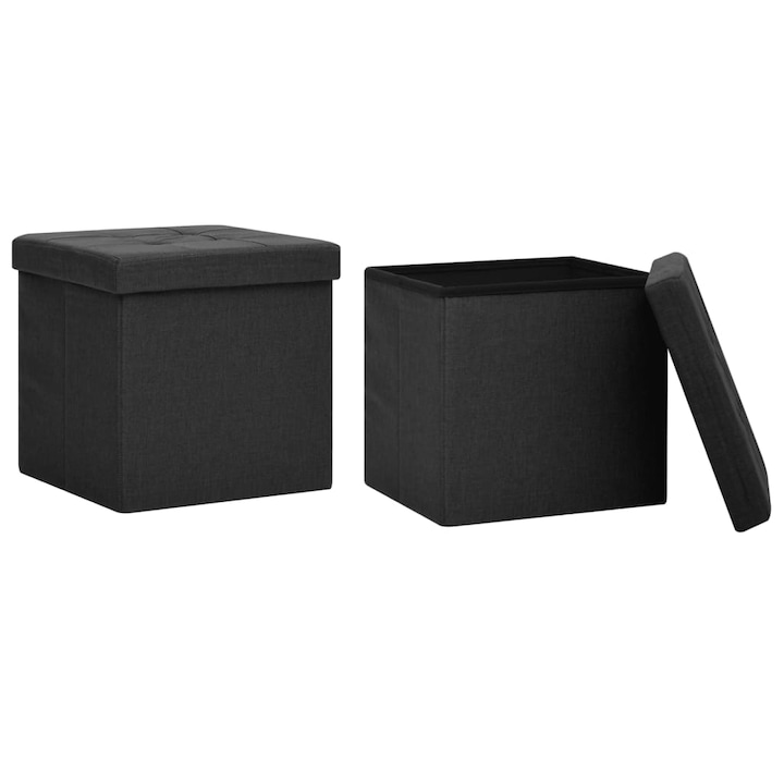 Set taburete de depozitare pliabile vidaXL, 2 buc., negru, imitatie panza, 38 x 38 x 38 cm, 4.58 kg