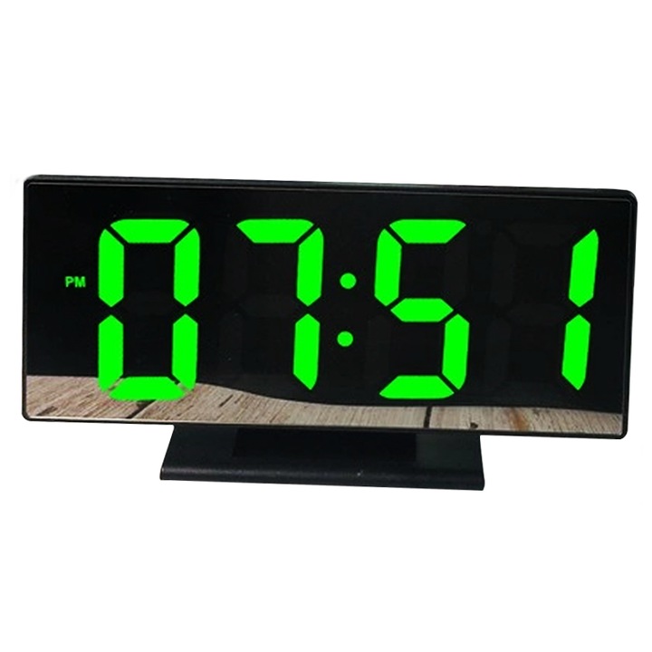 Ceas digital LED tip Oglinda Dalbi, Afisaj Temperatura, Alarma, Data, Ora, LED Verde, 2 Nivele de lumina, Alimentare la baterie sau retea, Negru