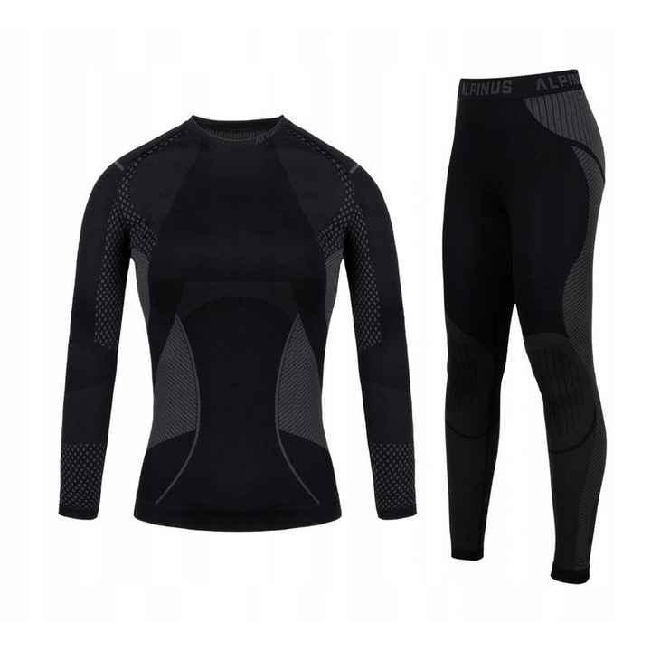 Set bluza si pantaloni termici dama, Alpinus, Poliamida, Negru, Negru, L