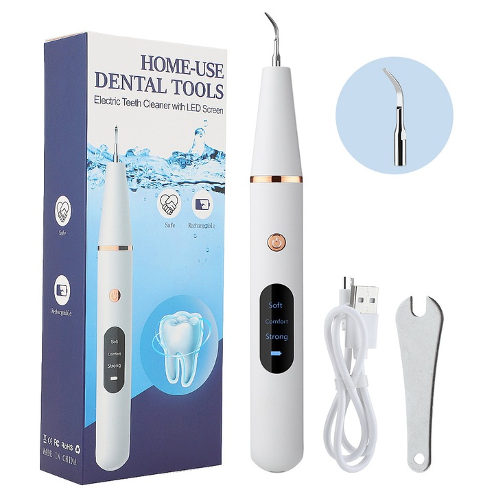 Електрически уред ZEQAS за ултразвуково почистване на зъбите и отстраняване на зъбен камък, висока водоустойчивост IPX7, USB зареждане, цвят бял