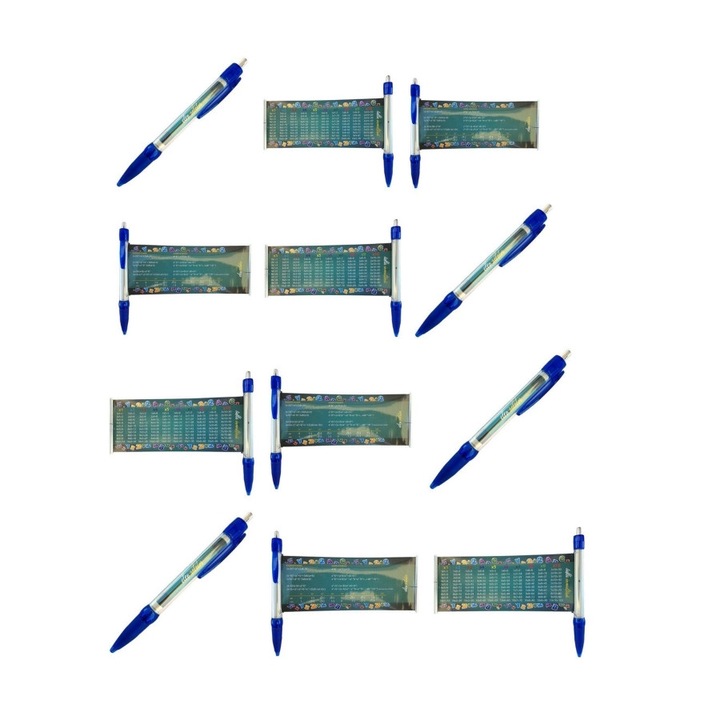 Комплект от 12 пластмасови химикалки с вграден лист хартия с таблица за умножение и математически формули, 15x17 cm