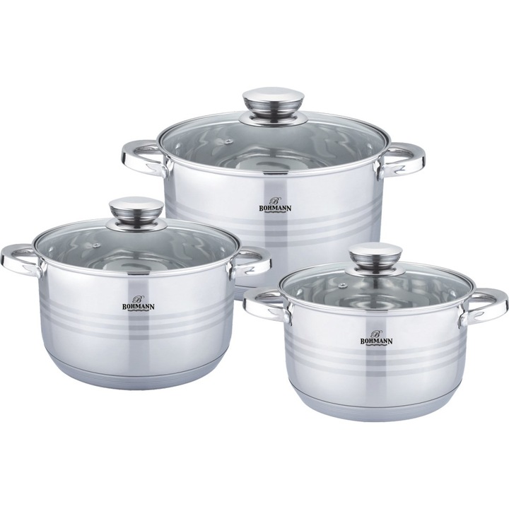 Rainstahl indukciós edénykészlet üveg fedőkkel, 6 részes (5.1L,5.1L,6.3L), rozsdamentes acél