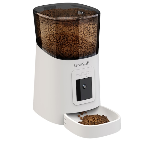 Hranitor automat Grunluft® PP003 WiFi camera video FullHD, convorbire audio, pentru caini sau pisici, functie adapator, sunet hranire, programabil, sursa alimentare dubla, 6L, aplicatie telefon, alb