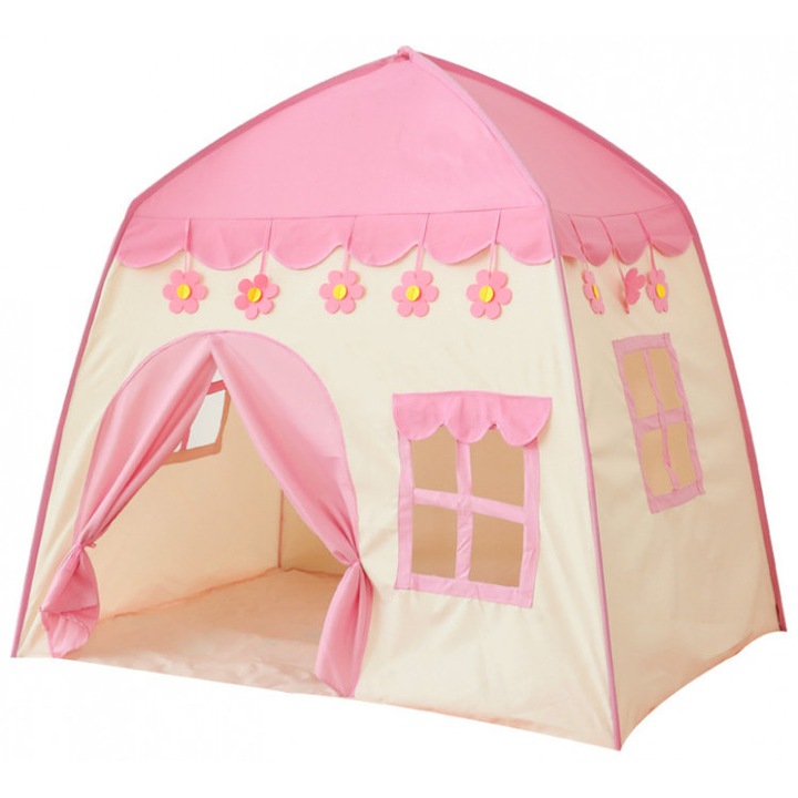 Cort de joaca pentru copii cu lumini, Zola®, casuta cu ferestre, roz cu alb, inaltime totala 126 cm
