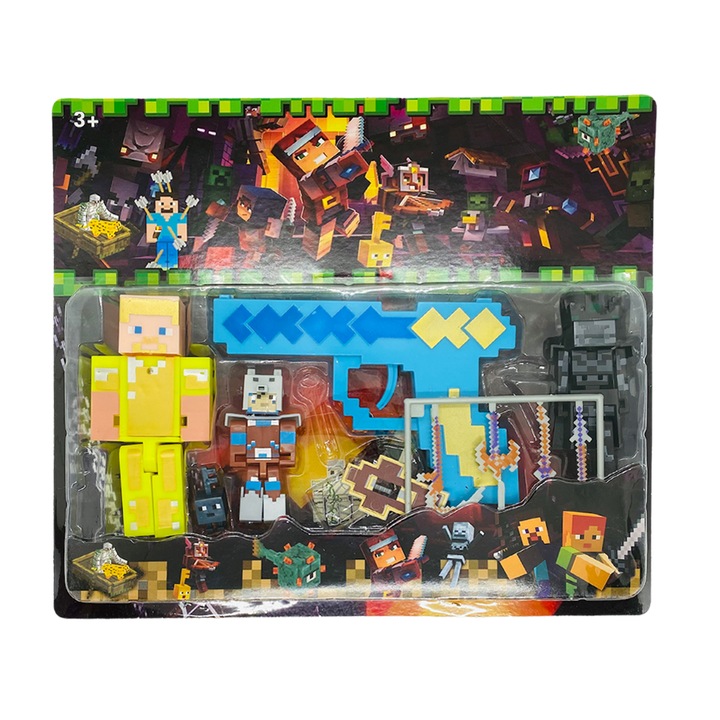 Set 4 figurine minecraft, 3 accesorii, 6 cm, Shop Like A Pro®, multicolor