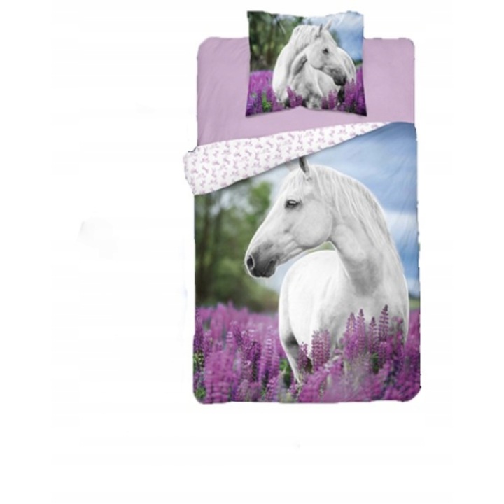 Lenjerie de pat pentru adolescenti, Cal alb, Bumbac, 160x200 cm, Multicolor