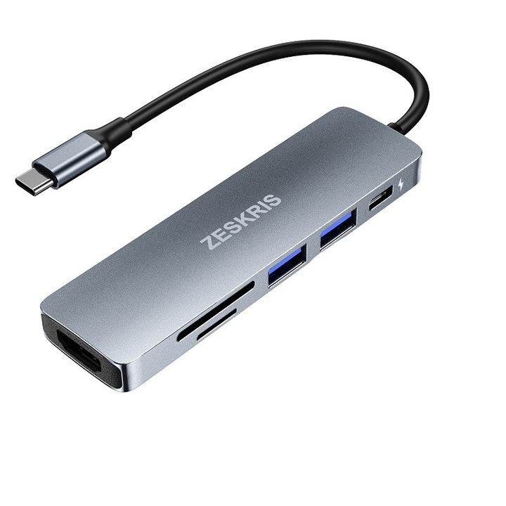 Hub 6n1, ZESKRIS, USB-C/USB/SD/TF/HDMI, 4K, 100W, Gri