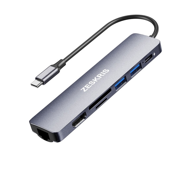 7n1 Хъб, ZESKRIS, USB-C/USB/SD/TF/HDMI/RJ45, 4K, 100W, Сив