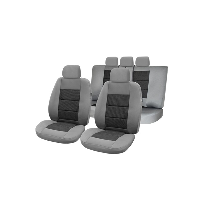 Универсален комплект калъфи за столчета за кола, Premium Lux Edition, текстилен материал, 11 части, сиво/черно