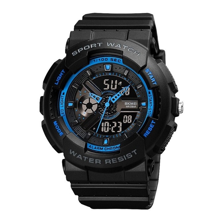 Ceas pentru copii Skmei Duo Shock, Timp dublu, Cronograf, Iluminare LED de fundal, Negru / Albastru