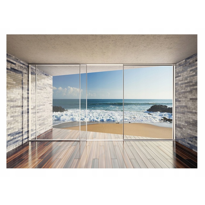 Fototapet 3D Fereastra Cer Plaja Mare Peisaj 312x219 cm, Modern Vlies Tapet, Pentru Dormitor Camera De Zi Living