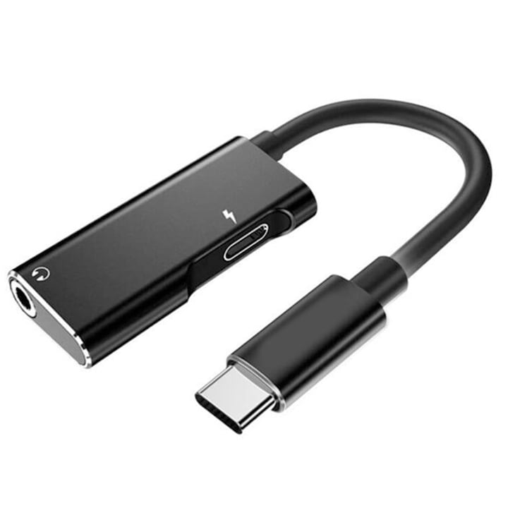 Adaptor Cablu Audio USB Type-C la mufa Jack 3.5 mm si Type-C, Mic si Portabil, Plug and Play, Negru