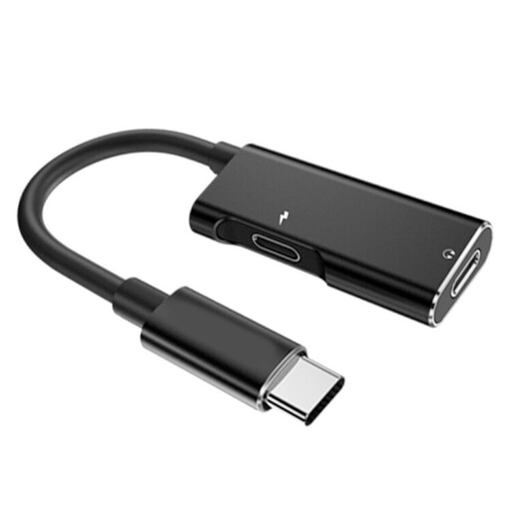 Adaptor Cablu Audio USB Type-C la mufa 2 X Type-C, Mic si Portabil, Plug and Play, Negru