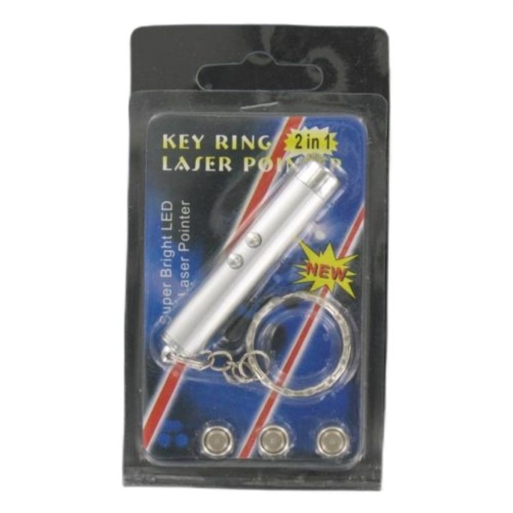 Breloc 2 in 1, Lumina LED + Laser, Argintiu