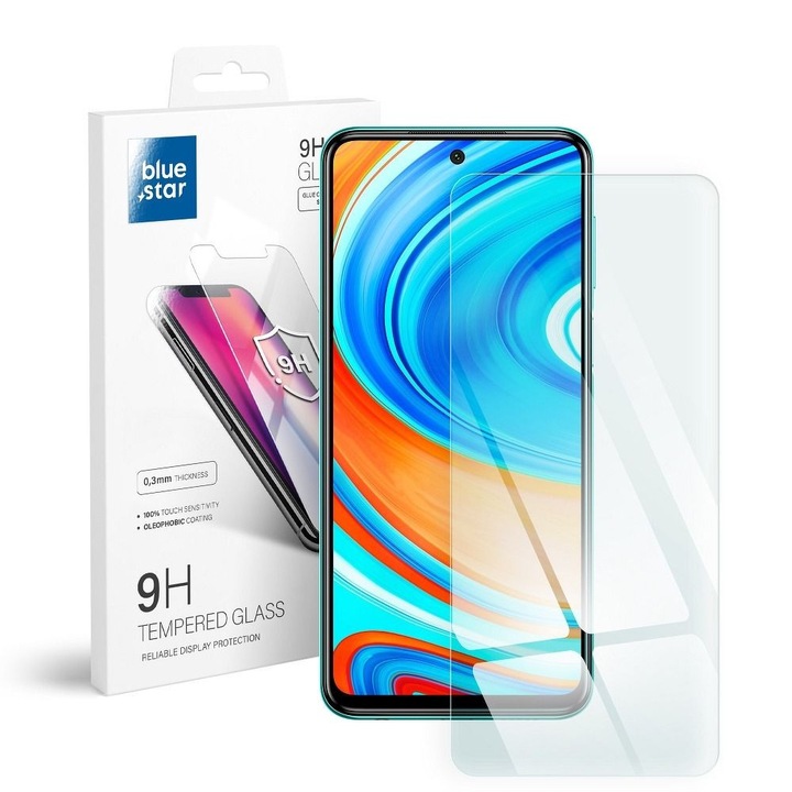 Folie protectie telefon, BlueStar, Sticla, Compatibil cu Xiaomi Redmi Note 9 Pro/9S, Transparent