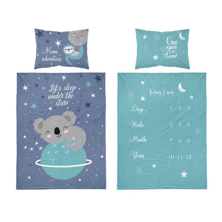 Set lenjerie de pat pentru copii, Model koala, Bumbac, 2 piese, 100x135 cm, Mov/Turcoaz