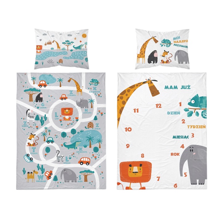 Set lenjerie de pat pentru copii, Model safari, Bumbac, 2 piese, 100x135 cm, Multicolor