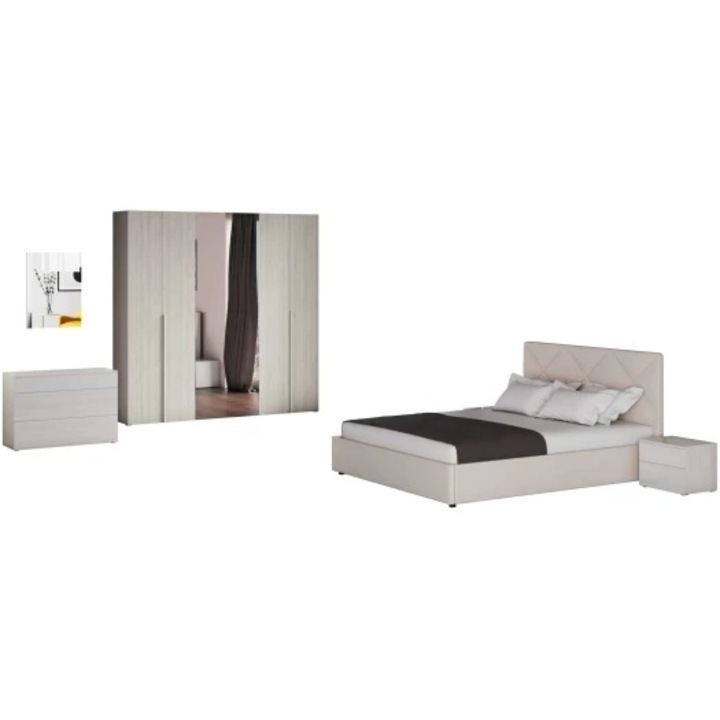 Dormitor complet Furn 3, 160 x 190 cm, pat, dulap, 2 noptiere, comoda, somiera si saltea