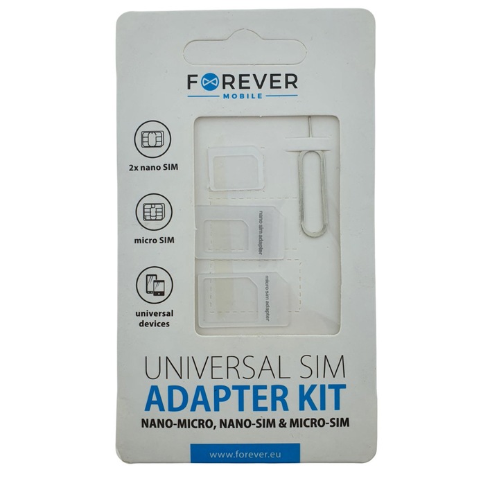 Adaptor cartela SIM, Forever 22237, kit universal pentru telefoane mobile Alb