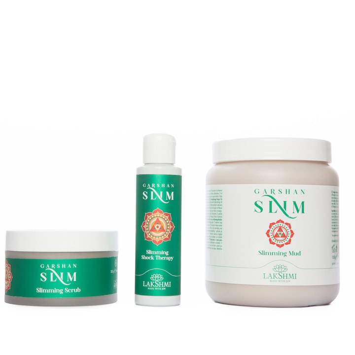 Set 3 produse anticelulitice 1100ml si 200 gr, pe baza de alge si ingrediente naturale, argila, concentrat lipolitic, scrub corporal, Lakshmi, eco-bio, gama garshan slim