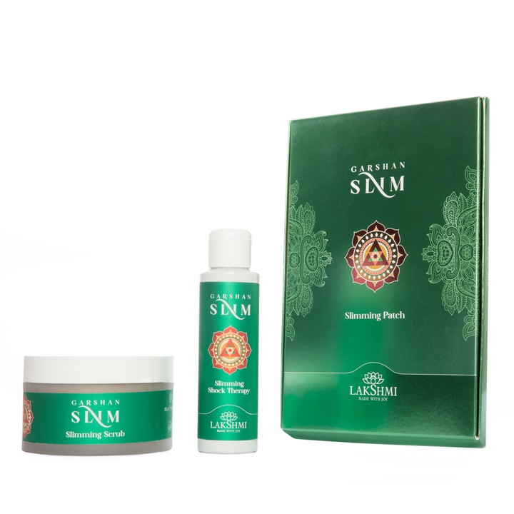 3 db 100 ml-es és 270 grammos anticellulit termékből álló készlet, algák és természetes összetevők, zsíroldó koncentrátum, testradír és cellulit elleni tapasz, Lakshmi, eco-bio, garshan slim termékcsalád