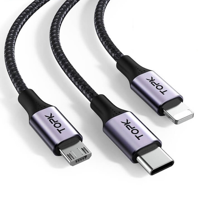 Adatkábel 3 az 1-ben TopK AS10, USB-iPhone Lightning, Micro-USB, Type-C, gyorstöltés, 3A, 1m, fekete