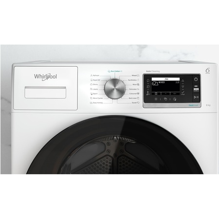 Uscator rufe Whirlpool Supreme Silence W6D84WBEE, Pompa de caldura, 8 kg, Clasa A+++, FreshCare+, Tehnologia al 6-lea Simt, Display LCD, Alb