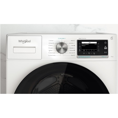 Uscator rufe Whirlpool Supreme Silence W7D94WBEE, Pompa de caldura, 9 kg, Clasa A+++, FreshCare+, Tehnologia al 6-lea Simt, Display LCD, Alb