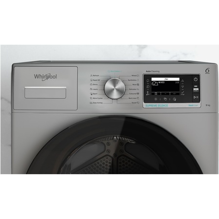Uscator rufe Whirlpool Supreme Silence W7D93SBEE, Pompa de caldura, 9 kg, Clasa A++, FreshCare+, Tehnologia al 6-lea Simt, Display LCD, Argintiu